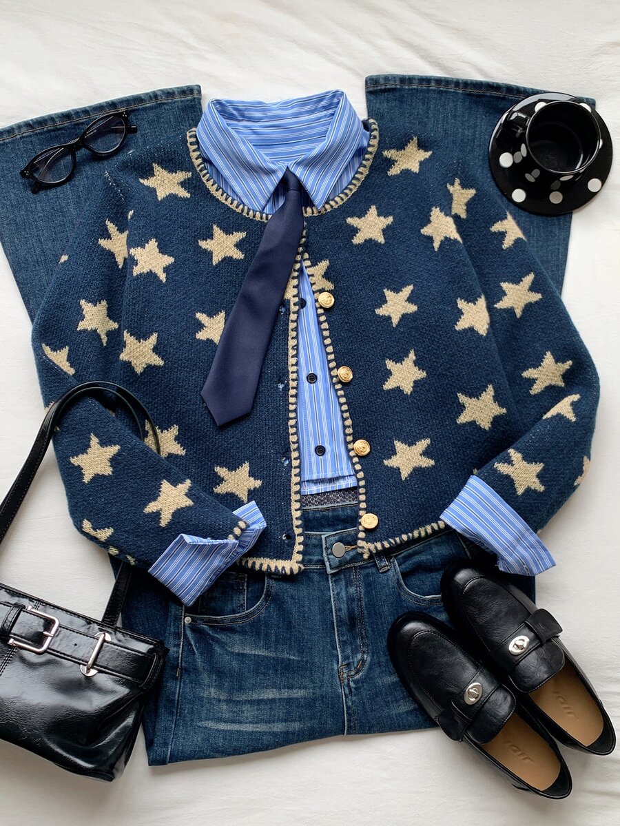 Comfortcana Jacquard Fashion Metal Button Long Sleeve Knit Cardigan, Fall Winter 2026, Country Style For Women, Basic Sweater, Halloween, Festival Outfits - Navy Blue - View 1