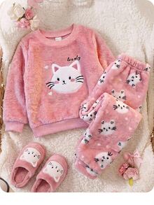 SHEIN Babygirl Cute Casual Autumn/Winter Fluffy Pink Cartoon Pattern Long Sleeve Loungewear Set 2pcs - Pink - View 8
