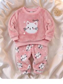 SHEIN Babygirl Cute Casual Autumn/Winter Fluffy Pink Cartoon Pattern Long Sleeve Loungewear Set 2pcs - Pink - View 2