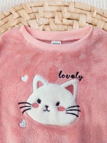 SHEIN Babygirl Cute Casual Autumn/Winter Fluffy Pink Cartoon Pattern Long Sleeve Loungewear Set 2pcs - Pink - View 6