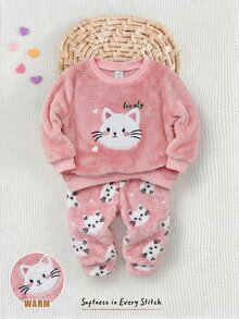 SHEIN Babygirl Cute Casual Autumn/Winter Fluffy Pink Cartoon Pattern Long Sleeve Loungewear Set 2pcs - Pink - View 3