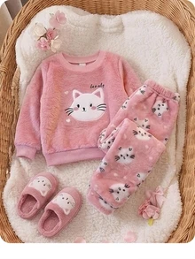 SHEIN Babygirl Cute Casual Autumn/Winter Fluffy Pink Cartoon Pattern Long Sleeve Loungewear Set 2pcs - Pink - View 9