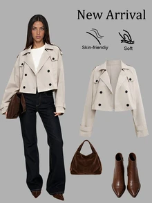 Sweetra Autumn/Winter Fashion Design Khaki Double-Breasted Short Trench Coat, Niche Design, Commuter Casual Minimalist Versatile Women's Jacket - Apricot - View 3