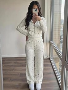 SHEIN 青少年女孩秋冬新款休閒波點印花開襟運動衫與長褲套裝 - 杏色 - 查看 9