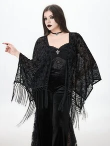 ROMWE Halloween Romantic Gothic Vintage Baroque Pattern Flocked Fabric Asymmetrical Tassel Hem Plus Size Women's Cardigan Top - Black - View 4