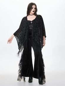 ROMWE Halloween Romantic Gothic Vintage Baroque Pattern Flocked Fabric Asymmetrical Tassel Hem Plus Size Women's Cardigan Top - Black - View 5