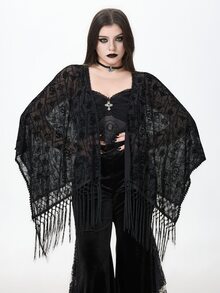 ROMWE Halloween Romantic Gothic Vintage Baroque Pattern Flocked Fabric Asymmetrical Tassel Hem Plus Size Women's Cardigan Top - Black - View 3