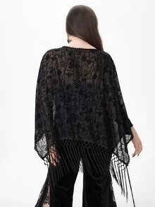 ROMWE Halloween Romantic Gothic Vintage Baroque Pattern Flocked Fabric Asymmetrical Tassel Hem Plus Size Women's Cardigan Top - Black - View 2