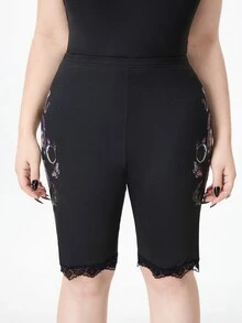 ROMWE Goth Vintage Dark Snake & Floral Print Versatile Plus Size Leggings - Black - View 6