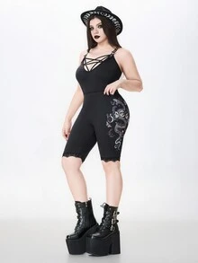 ROMWE Goth Vintage Dark Snake & Floral Print Versatile Plus Size Leggings - Black - View 5