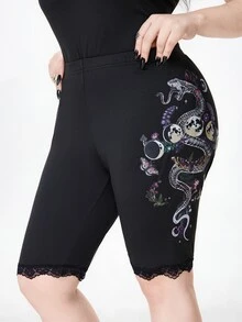 ROMWE Goth Vintage Dark Snake & Floral Print Versatile Plus Size Leggings - Black - View 3