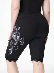 ROMWE Goth Vintage Dark Snake & Floral Print Versatile Plus Size Leggings - Black - View 2