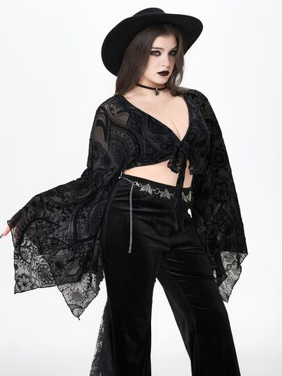 Halloween Dark Gothic Pattern Flocked Lace-Up Bell Sleeve Crop Top, Suitable For Winter Wear