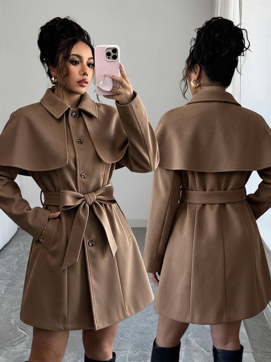 Elenzga Women's Shawl Collar Single-Breasted Elegant Lapel Long Sleeve Fitted Overcoat, Autumn/Winter Commute Office Camel - Brown - View 1