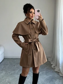 Elenzga Women's Shawl Collar Single-Breasted Elegant Lapel Long Sleeve Fitted Overcoat, Autumn/Winter Commute Office Camel - Brown - View 4