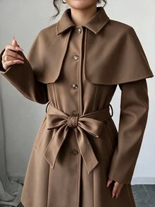 Elenzga Women's Shawl Collar Single-Breasted Elegant Lapel Long Sleeve Fitted Overcoat, Autumn/Winter Commute Office Camel - Brown - View 5