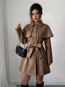 Elenzga Women's Shawl Collar Single-Breasted Elegant Lapel Long Sleeve Fitted Overcoat, Autumn/Winter Commute Office Camel - Brown - View 6