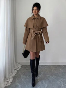 Elenzga Women's Shawl Collar Single-Breasted Elegant Lapel Long Sleeve Fitted Overcoat, Autumn/Winter Commute Office Camel - Brown - View 7