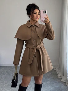 Elenzga Women's Shawl Collar Single-Breasted Elegant Lapel Long Sleeve Fitted Overcoat, Autumn/Winter Commute Office Camel - Brown - View 3