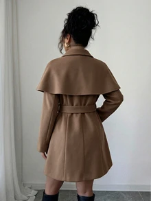 Elenzga Women's Shawl Collar Single-Breasted Elegant Lapel Long Sleeve Fitted Overcoat, Autumn/Winter Commute Office Camel - Brown - View 2
