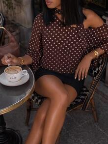 Mima John Polka Dot Asymmetric Shoulder Chiffon Blouse With Ribbon, Batwing Short Sleeve Chic Top, Office Siren Style For Dining & Formal Outings - Multicolor - View 5