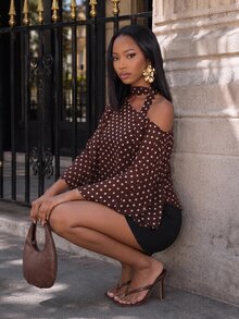 Mima John Polka Dot Asymmetric Shoulder Chiffon Blouse With Ribbon, Batwing Short Sleeve Chic Top, Office Siren Style For Dining & Formal Outings - Multicolor - View 7