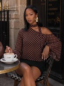 Mima John Polka Dot Asymmetric Shoulder Chiffon Blouse With Ribbon, Batwing Short Sleeve Chic Top, Office Siren Style For Dining & Formal Outings - Multicolor - View 6