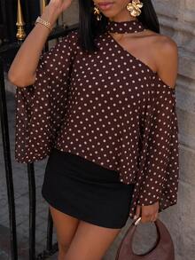 Mima John Polka Dot Asymmetric Shoulder Chiffon Blouse With Ribbon, Batwing Short Sleeve Chic Top, Office Siren Style For Dining & Formal Outings - Multicolor - View 4