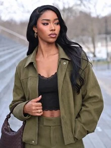 Mima John Women's Regular Faux Suede Long Sleeve Single Breasted Loose Casual Jacket, For Spring, Pocket Metal Button Short Military Green Suitable And Autumn - Army Green - View 4