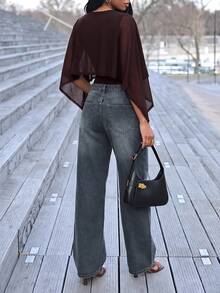 Mima John Women's Oblique Shoulder Ruffled Layered Chiffon Blouse, Elegant Blouse, Minimalist Fashion Blouse - Brown - View 2