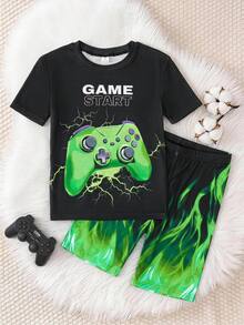 SHEIN Tween Boy 2pcs Snug-Fit Pajama Set - Neon Game Controller Print Round Neck Short Sleeve Top & Shorts, Soft & Skin-Friendly - Black - View 6