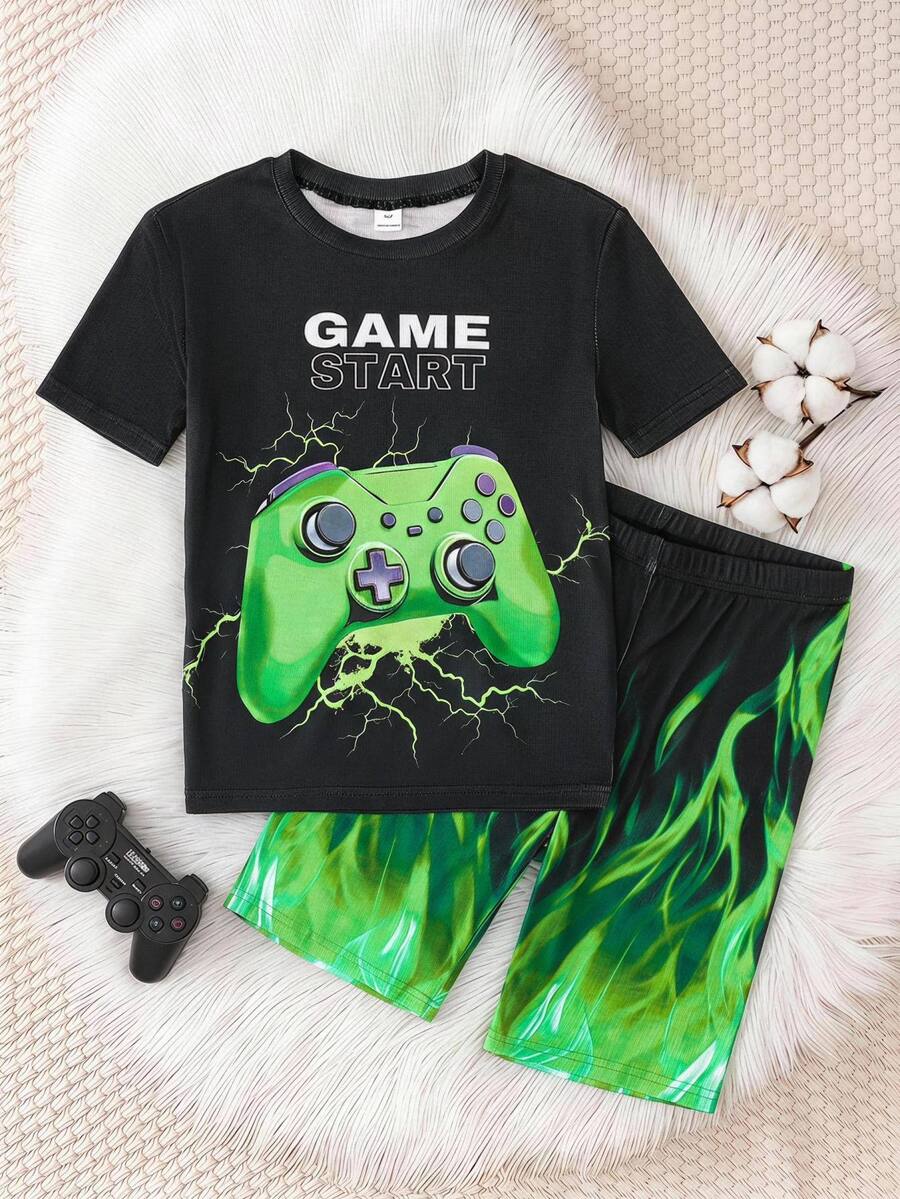 SHEIN Tween Boy 2pcs Snug-Fit Pajama Set - Neon Game Controller Print Round Neck Short Sleeve Top & Shorts, Soft & Skin-Friendly - Black - View 1