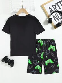 SHEIN Tween Boy 2pcs Snug-Fit Pajama Set - Neon Game Controller Print Round Neck Short Sleeve Top & Shorts, Soft & Skin-Friendly - Black - View 2