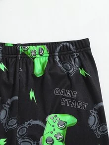 SHEIN Tween Boy 2pcs Snug-Fit Pajama Set - Neon Game Controller Print Round Neck Short Sleeve Top & Shorts, Soft & Skin-Friendly - Black - View 5