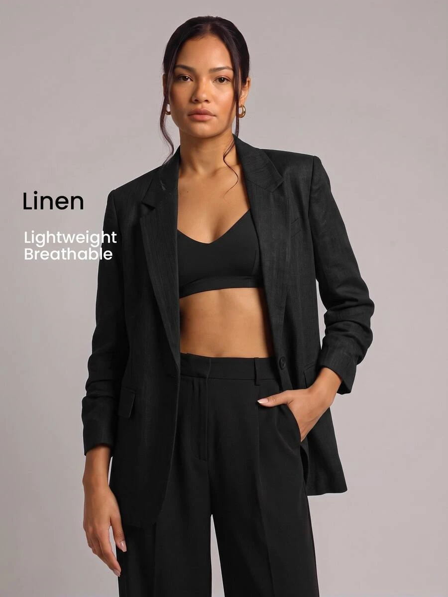 YARNWELL Women's Linen Blend Lightweight Blazer – Breathable Summer Suit Jacket, Everyday Essential For Office, Work & Casual - Black - View 1