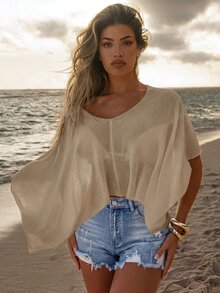 Swim SXY 1pc Women New Cross-Border Solid Color Elegant Vacation Style Cover-Up Top - Khaki - View 3