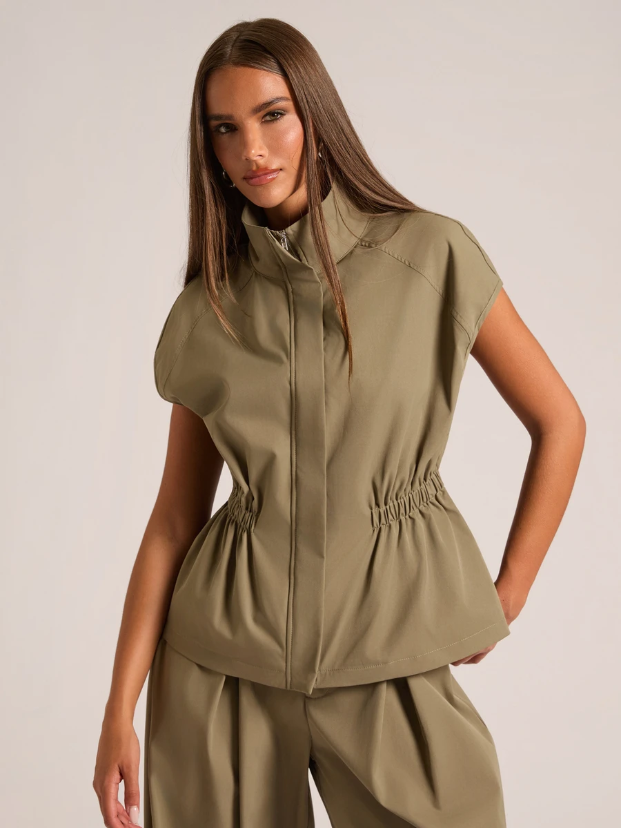 SHEIN BAE Women's Solid Color Versatile Casual Open Front Zipper Elastic Waist Sleeveless Trench Coat Jacket - Army Green - View 1
