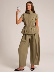 SHEIN BAE Women's Solid Color Versatile Casual Elastic Waist Curved Leg Tapered Long Pants - Army Green - View 3