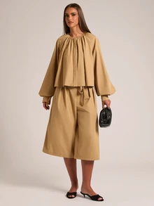 SHEIN BAE Women's Loose Casual Solid Color Back Waist Elastic Pleated Mid-Length Wide Leg Pants - Khaki - View 4
