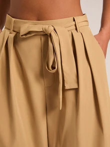 SHEIN BAE Women's Loose Casual Solid Color Back Waist Elastic Pleated Mid-Length Wide Leg Pants - Khaki - View 7