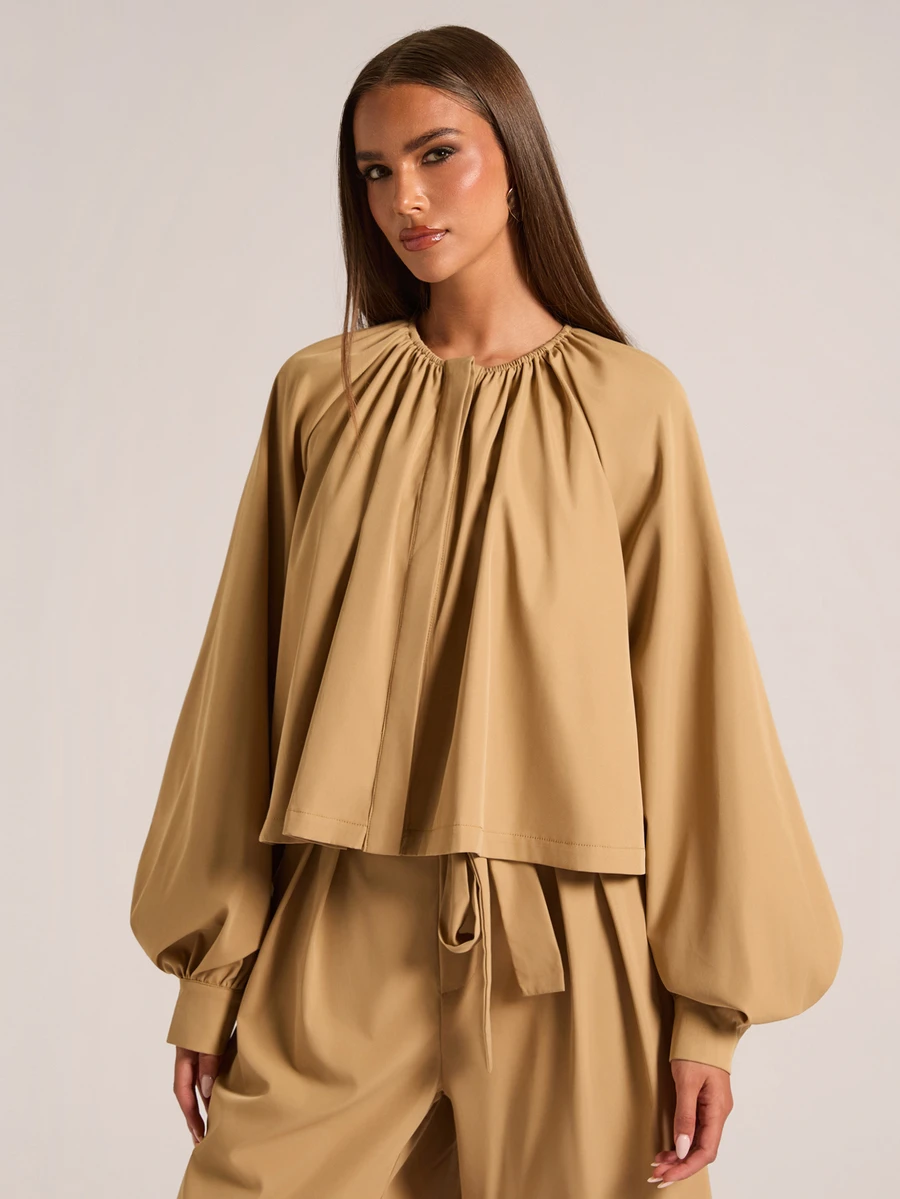 SHEIN BAE Women's Loose Casual Solid Color Round Neck Ruched Washed Double-Layer Placket Open Front Lantern Sleeve Trench Coat Jacket - Khaki - View 1