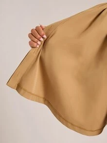 SHEIN BAE 女款寬鬆休閒純色圓領抓皺水洗雙層門襟前開燈籠袖風衣外套 - 卡其色 - 查看 7