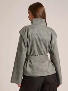 SHEIN BAE Women's Casual Plaid Jacket With Belt, Autumn - Grey - View 2