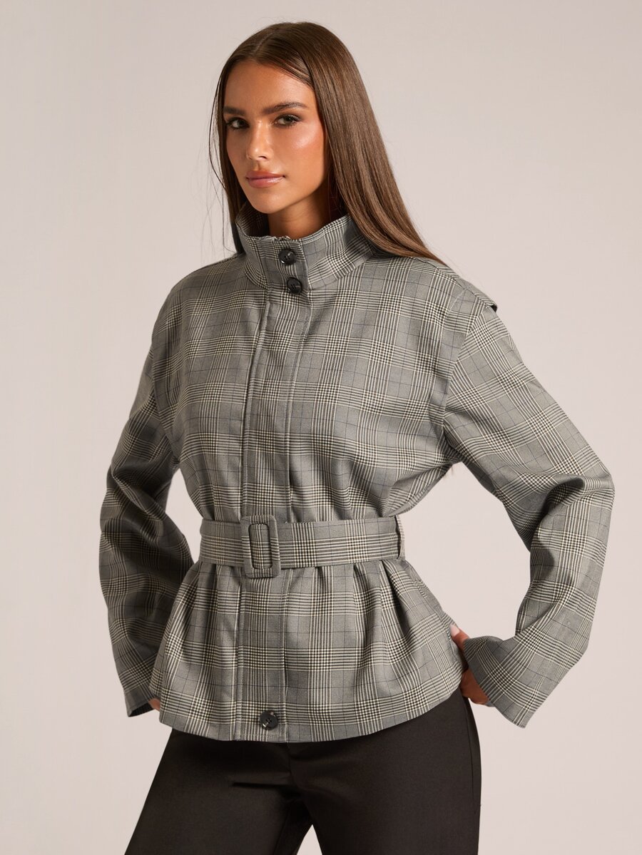 SHEIN BAE Áo khoác kẻ caro nữ phong cách thường ngày có thắt lưng, mùa thu - Xám - Xem 1