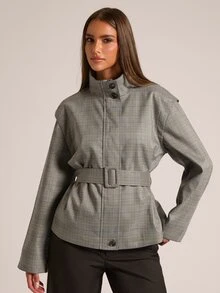 SHEIN BAE Women's Casual Plaid Jacket With Belt, Autumn - Grey - View 6