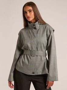 SHEIN BAE Women's Casual Plaid Jacket With Belt, Autumn - Grey - View 1