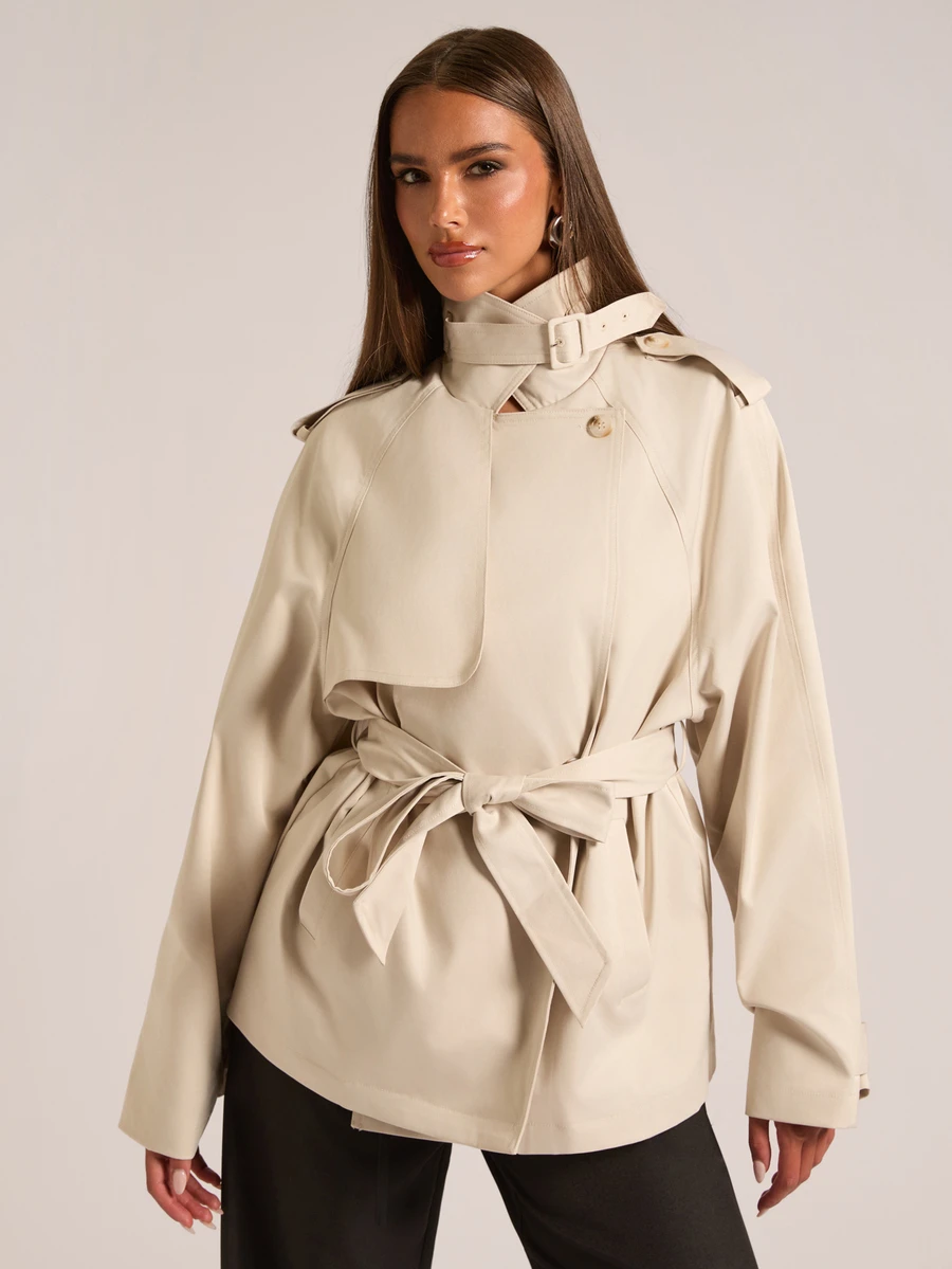 SHEIN BAE Women's Solid Color Raglan Sleeve Casual Trench Coat Jacket - Apricot - View 1