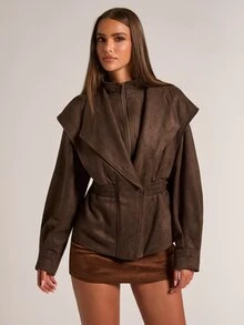 SHEIN BAE Women's Solid Color Casual Versatile Everyday Long Sleeve Jacket - Brown - View 4