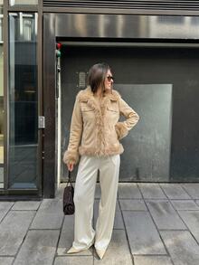 SHEIN PariChic Women's Autumn Vintage Casual Elegant Premium Fur Patchwork Lapel Long Sleeve Faux Pocket Decor Slim Fit Open Front Jacket Everyday Travel Brown - Khaki - View 5