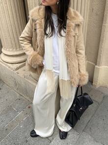 SHEIN PariChic Women's Autumn Vintage Casual Elegant Premium Fur Patchwork Lapel Long Sleeve Faux Pocket Decor Slim Fit Open Front Jacket Everyday Travel Brown - Khaki - View 1